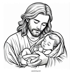 Jesus Coloring Page Cradling A Newborn Baby For Kids