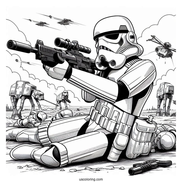 Stormtrooper Coloring Page Shooting Blaster With Fallen Comrades On The Ground