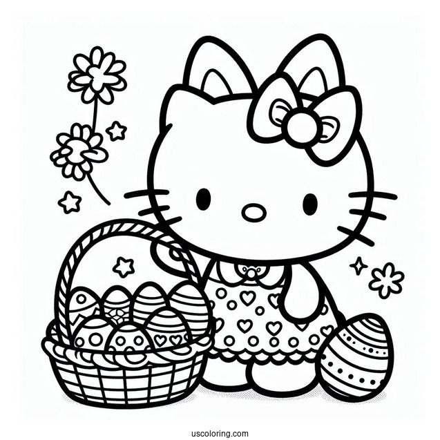 Hello Kitty In Easter Bunny Coloring Page Costume Carrying Basket Of Eggs