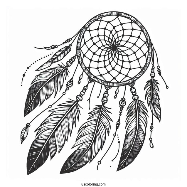 Native American Coloring Page Of Dreamcatcher With Long Feather