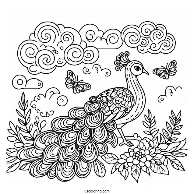Peacock Coloring Page and Bird Under Cloudy Sky For Kids