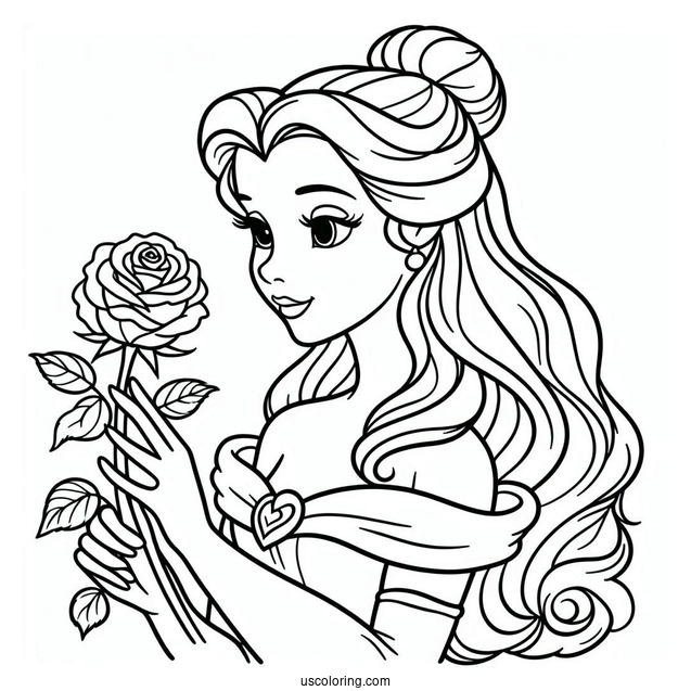 Simple Outline Of Princess Belle Holding a Rose