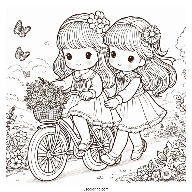 Precious Moments Coloring Page Of Two Girls Riding Bicycle