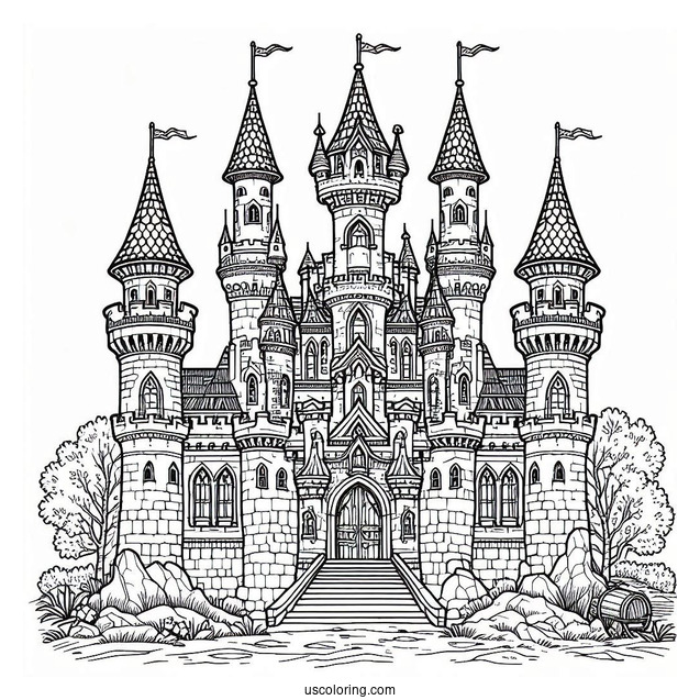 Detailed Castle Coloring Page With Towers