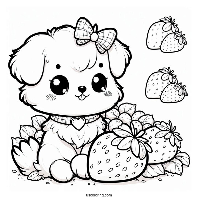 Cute Chibi Dog On Strawberry Coloring Page