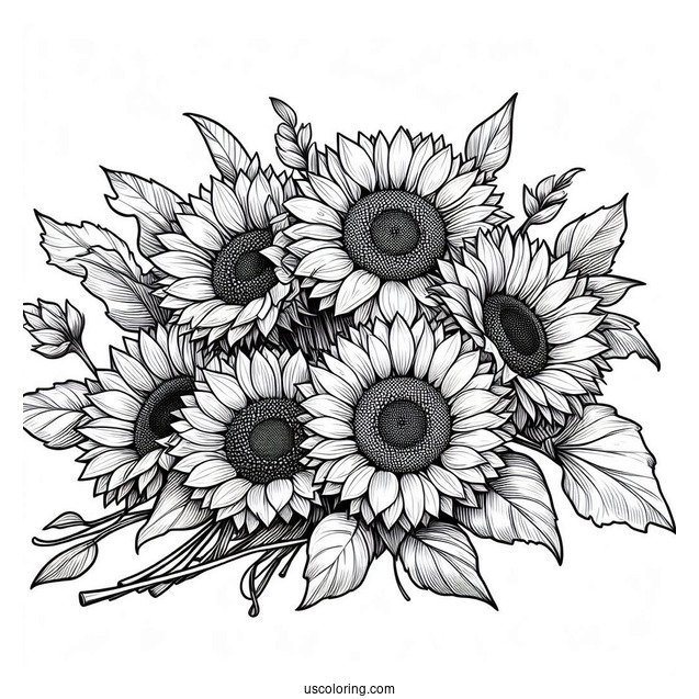 Bunch Of Detailed Sunflowers For Coloring