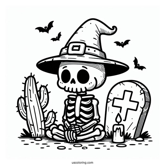 Cute Skeleton Coloring Page In Hat Sitting On Tombstone Halloween