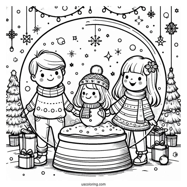 Family Celebrating Christmas Snow Globe Coloring Page