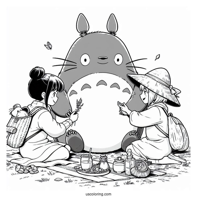 Studio Ghibli Coloring Page of Mei And Satsuki Playing With Totoro