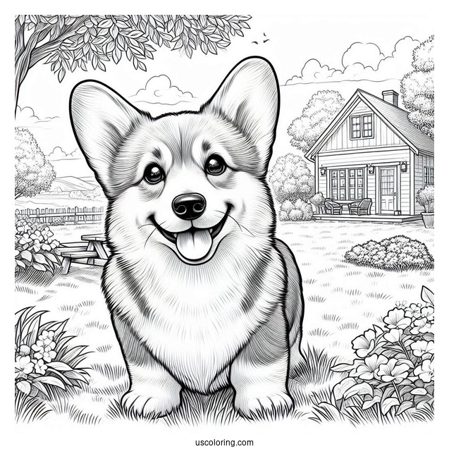 Realistic Welsh Corgi Coloring Page In Backyard