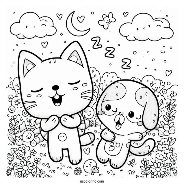 Smiling Critters Coloring Page Of CatNap And DogDay With Arms Hooked On A Field