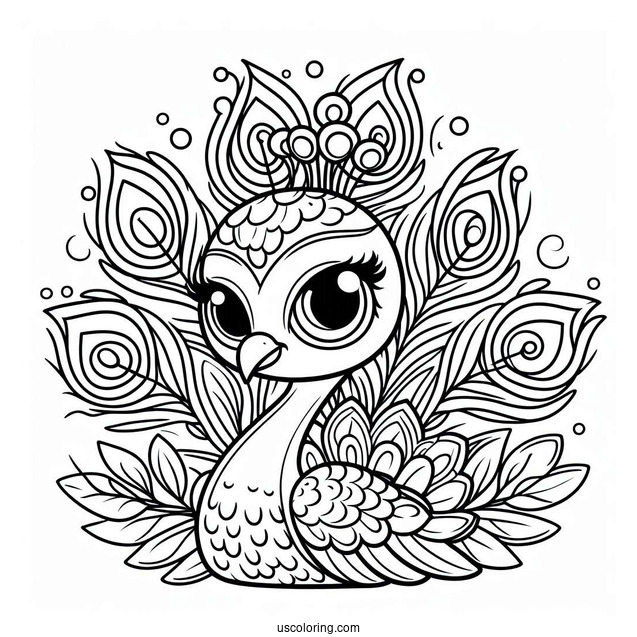 Easy Cartoon Peacock Coloring Page with Big Eyes and Simple Feathers For Kids