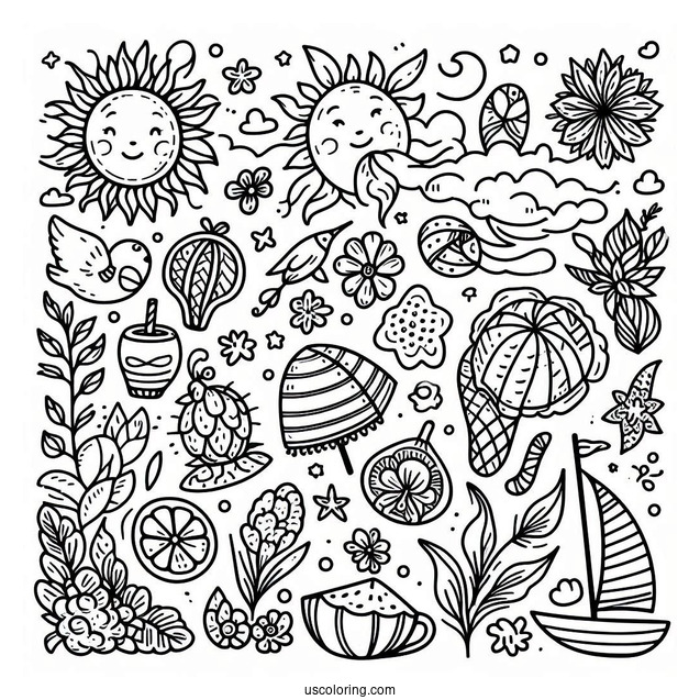 Full Page Summer Coloring Page Of Elements