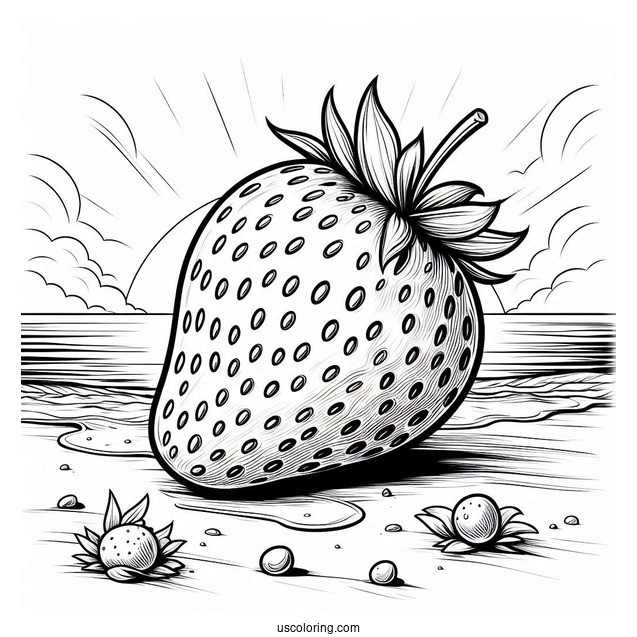 Juicy Strawberry On Beach Coloring Page