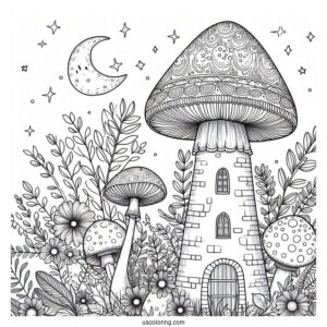 Mushroom Coloring Page Tower With Ghost And Floral Backgrounds