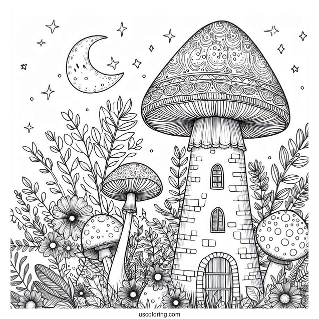 Mushroom Coloring Page Tower With Ghost And Floral Backgrounds