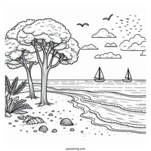 Easy Beach Coloring Page Shore With Trees