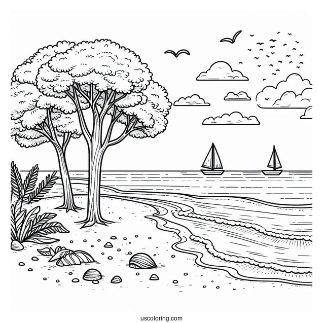 Easy Beach Coloring Page Shore With Trees