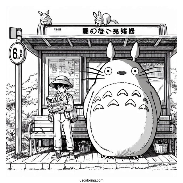 Studio Ghibli Coloring Page of Iconic My Neighbor Totoro At Bus Stop Poster
