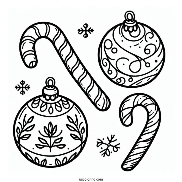Simple Globes And Candy Cane Outline Christmas Ornaments Coloring Page