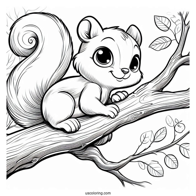 Cartoon Squirrel Coloring Page Climbing Tree Branch For Kids