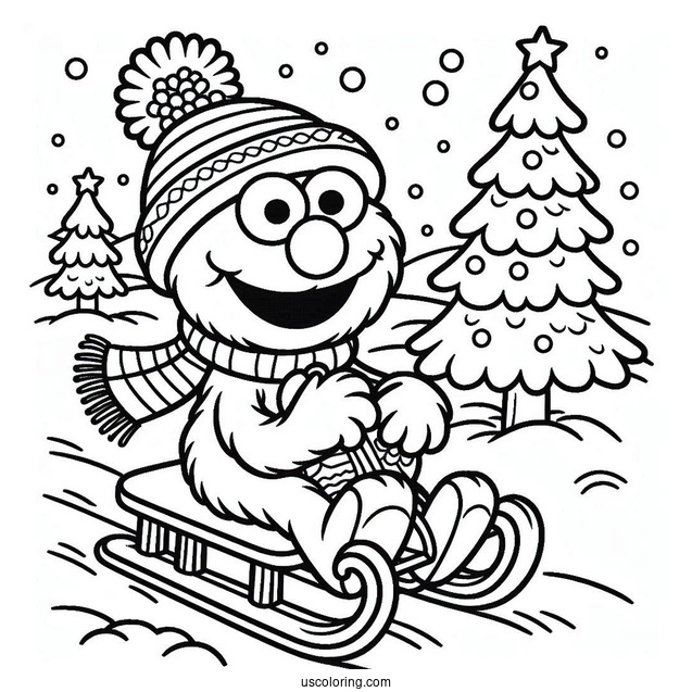 Elmo Riding a Sled During Winter To Color