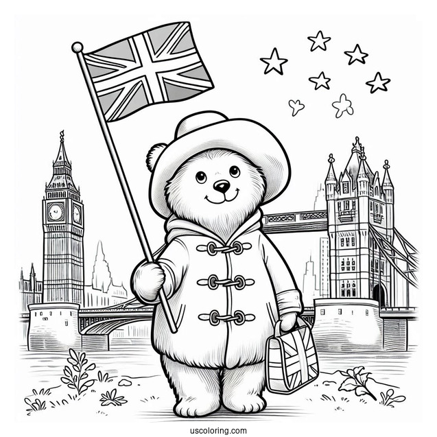 Cute Paddington Coloring Page Bear Waving The British Flag In Front Of London Bridge