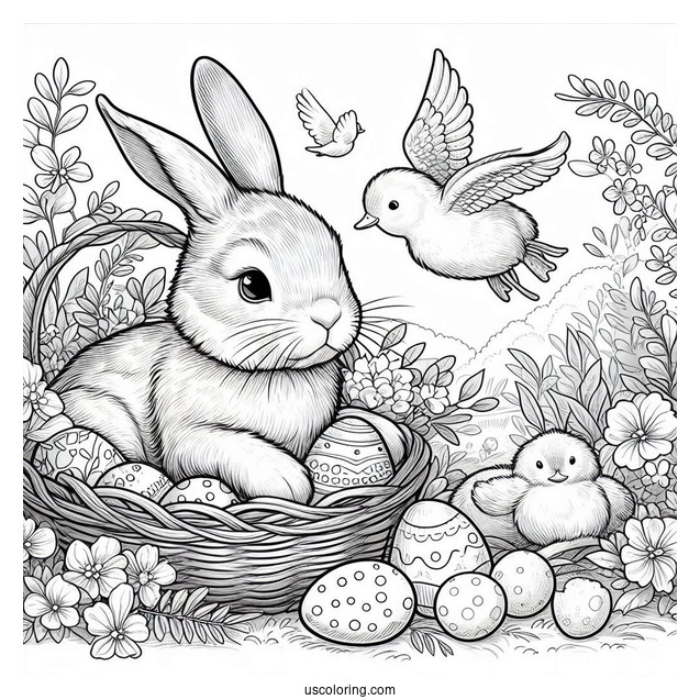 Peter Rabbit Coloring Page With Easter Eggs And Ducklings
