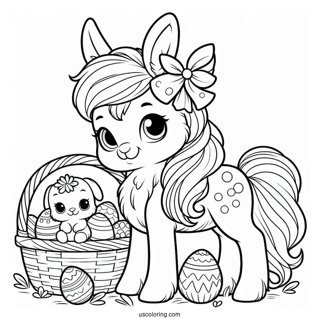 Easter Bunny With A Basket Of Easter Coloring Page Of Eggs Next To A Pony For Kids