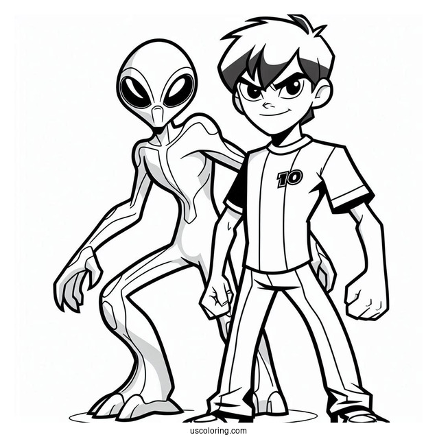 Ben 10 Coloring Page Of Feedback Alien Standing Behind Ben