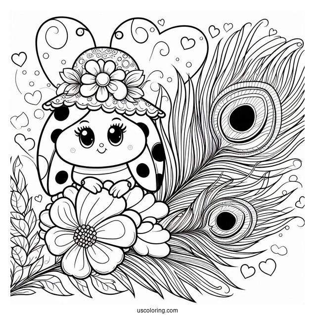 Cartoon Ladybug Sitting On Peacock Coloring Page with Flower Hat and Heart Shaped Tail Feathers