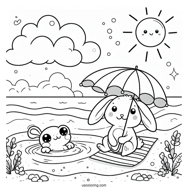 Adorable Rabbit And Frog Swimming At The Beach Coloring Sheet