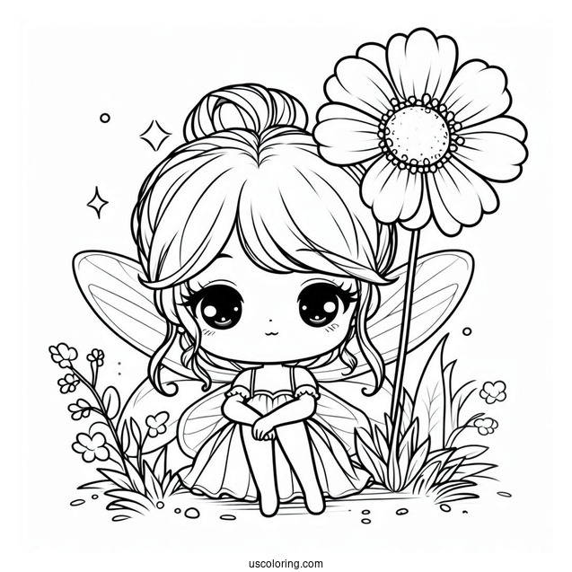 Chibi Coloring Page Fairy Sitting on a Flower For Kids