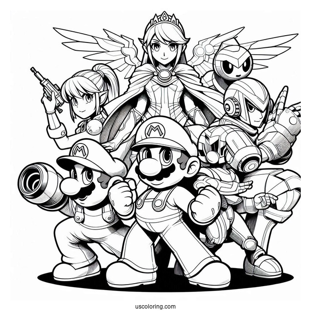 Super Smash Bros Coloring Page Of Mario, Mega Man, Palutena, Samus Aran, And Lucina