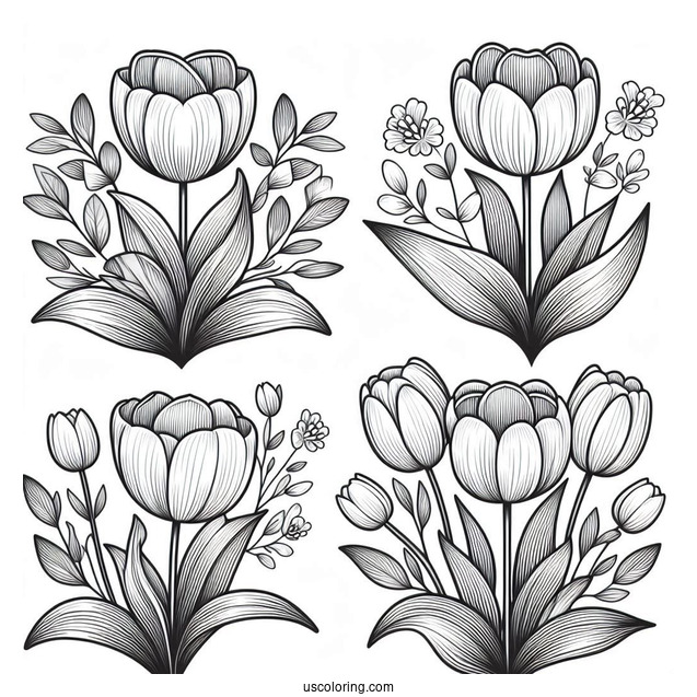 Flower Coloring Pages Of Four Blooming Tulips For Kids