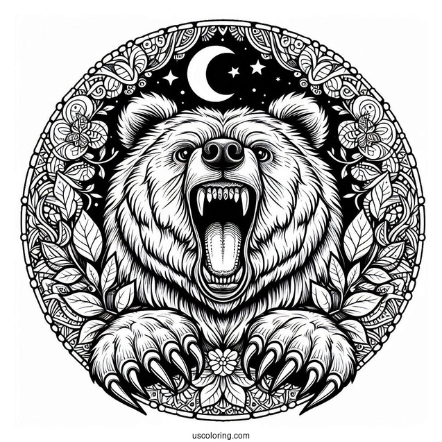 Roaring Bear Coloring Page With Sharp Teeth Mandala
