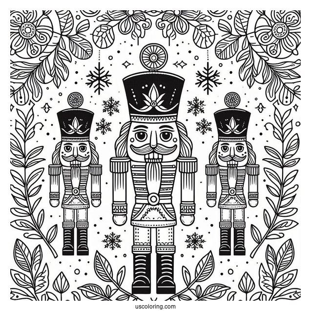 Nutcracker Coloring Page Guards With Laurels And Snowflakes In The Background