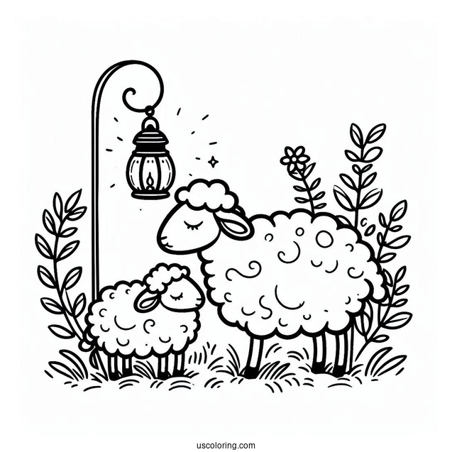 Mother Sheep And Lamp On Grass Coloring