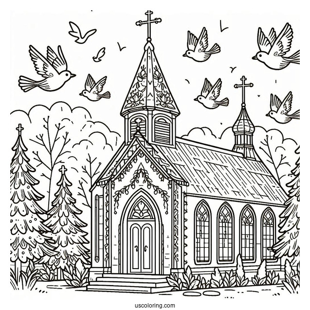 Traditional Church Coloring Page Outline With Birds And Trees