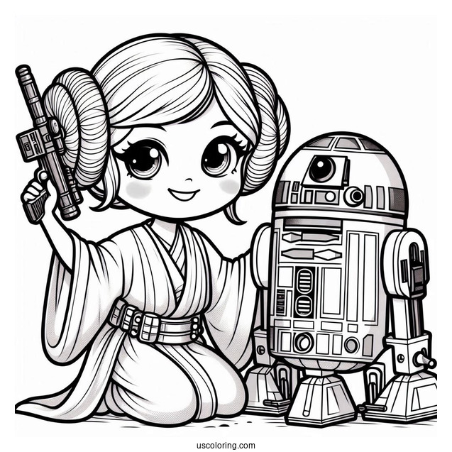Princess Leia Holding Blaster And R2-D2 Coloring Page