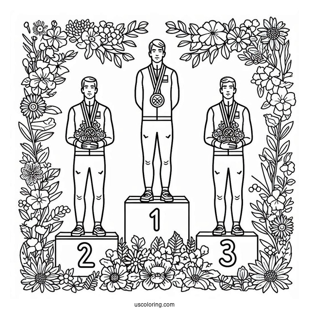 Olympics Coloring Page Of Athletes On Tri Level Podium With Medals And Flowers