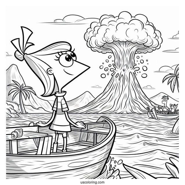 Phineas And Ferb Coloring Page With Isabella Watching Volcanic Eruption From Boat