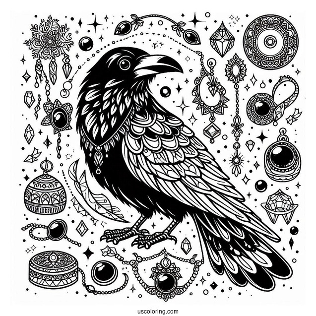 Raven Coloring Page Surrounded By Shiny Jewelry