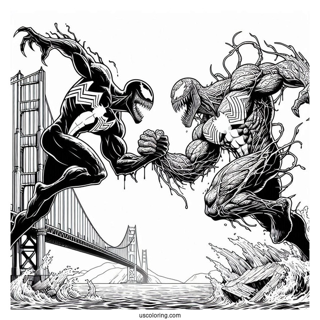 Venom Vs Carnage Coloring Page Fighting On Golden Gate Bridge