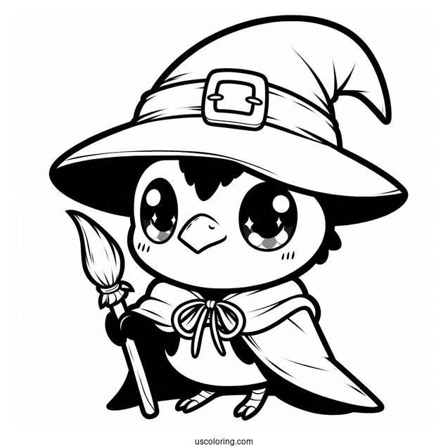 Chibi Raven Coloring Page Wearing A Witch's Hat For Kids