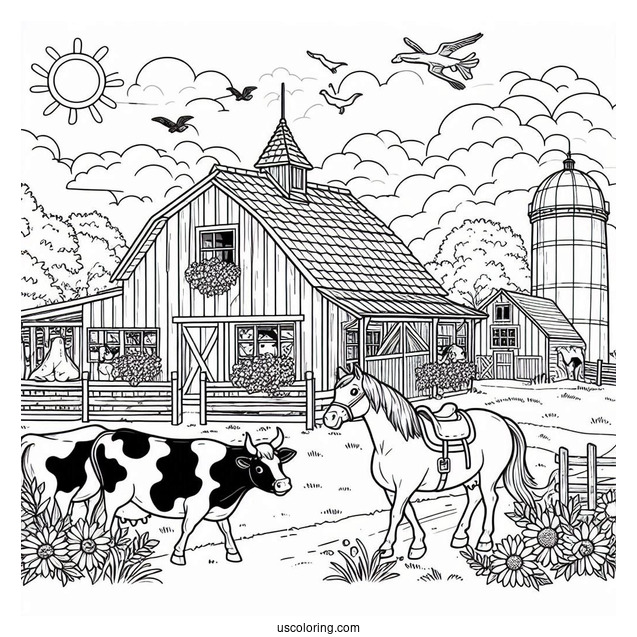 Farm With Horses And Cows To Color