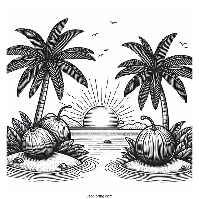 Two Large Coconut Coloring Page Trees On An Island
