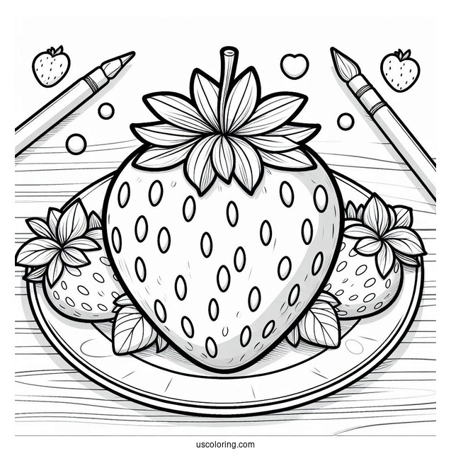 Pretty Strawberry Coloring Page On A Plate For Kids