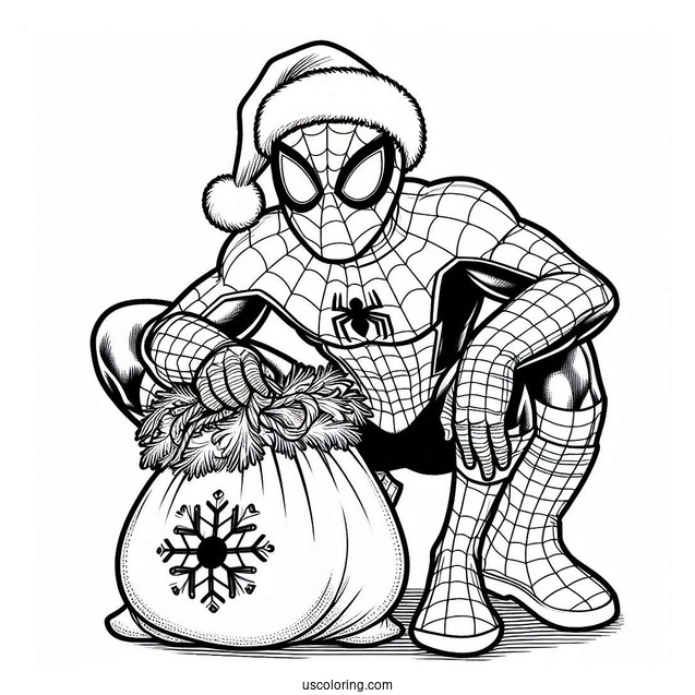 Christmas Spider-Man With Santa Sack To Color