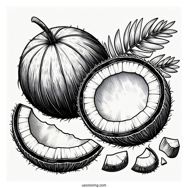 Realistic Whole And Half Coconut Coloring Page For Kids